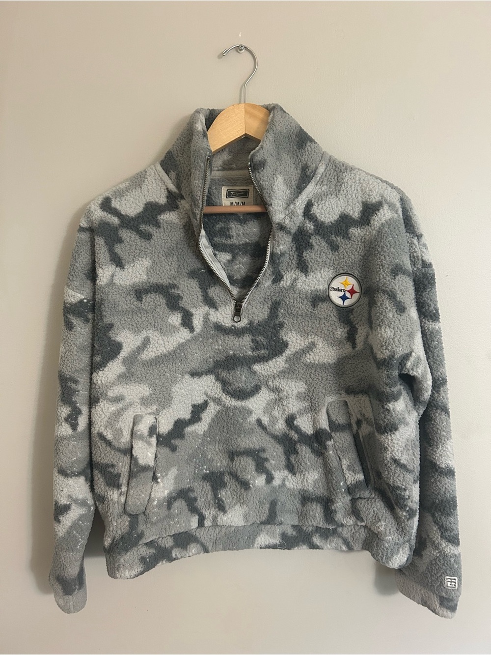 Steelers Gray Camo Sherpa Quarter-Zip Teddy Jacket with Team Patch